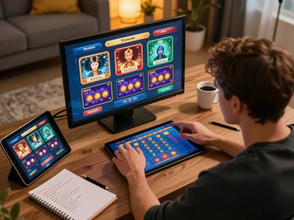 Player strategizing for RR88 online gambling session with tablet and notes.