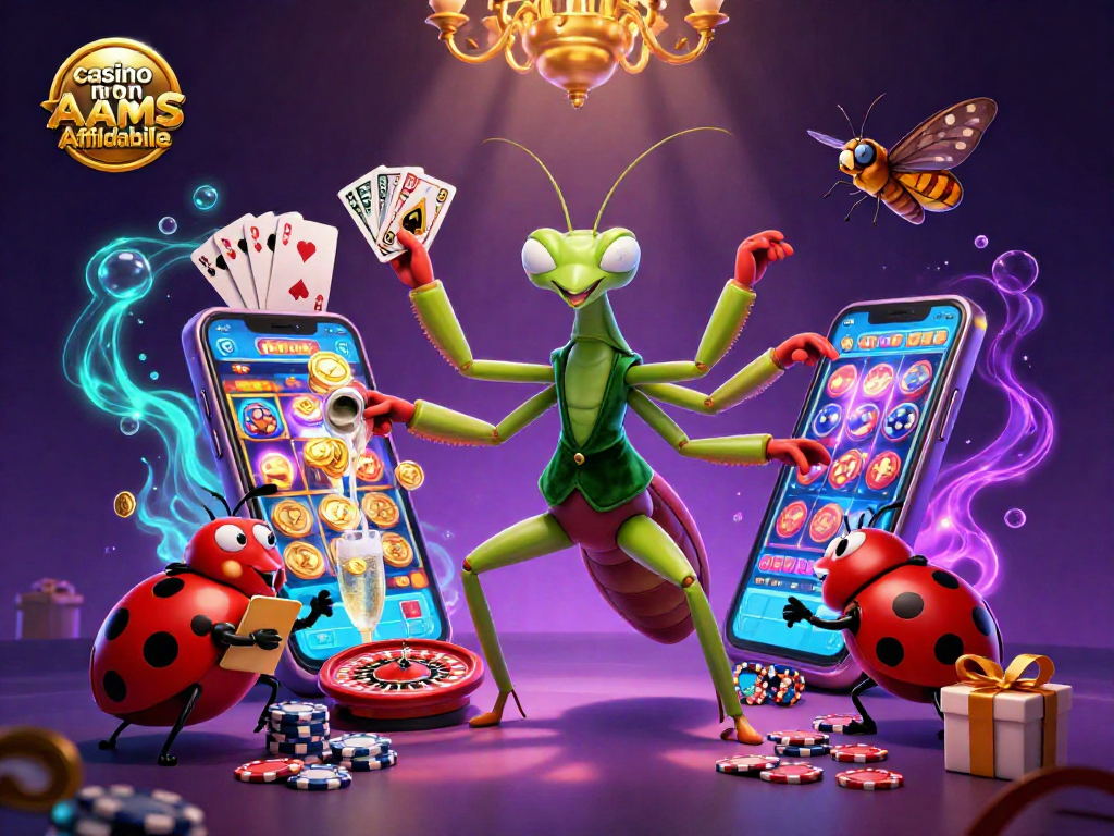 Gioco divertente al casino non AAMS affidabili con mantide che distribuisce carte e monete d'oro