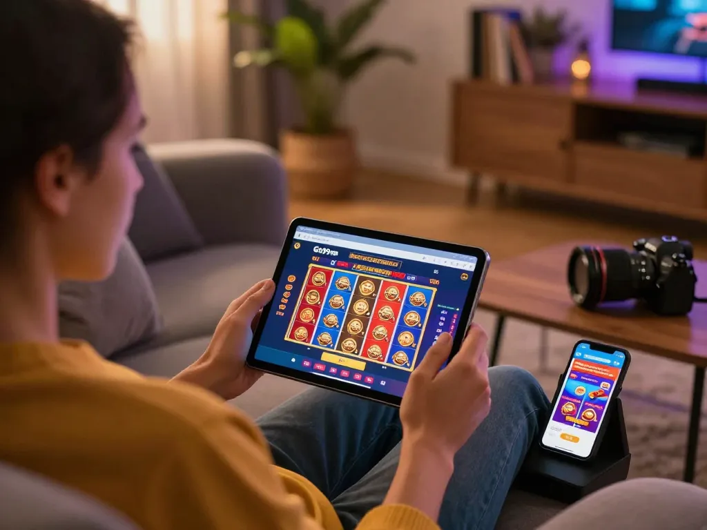 Engaging with Go99 com on tablet at home, showcasing vibrant online gaming atmosphere