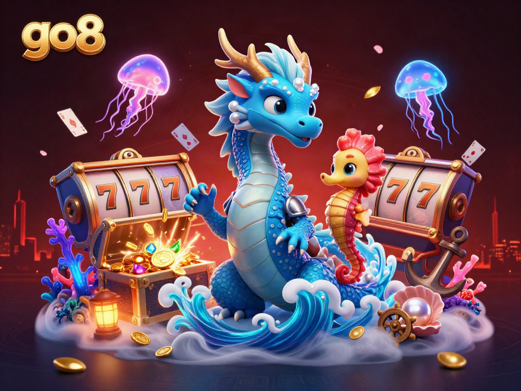 Experience the go8 casino adventure with a 3D water dragon, seahorse knight, and dazzling casino elements.