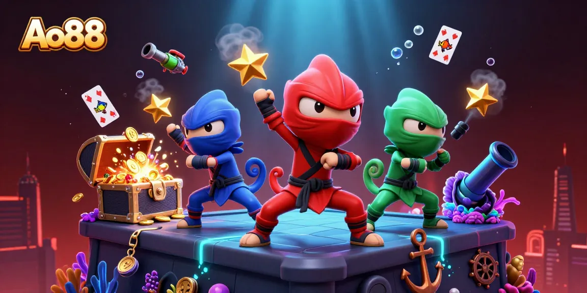 Ao88 showcases a vibrant 3D scene with chameleons performing martial arts amidst casino treasures, reflecting high-energy gaming.