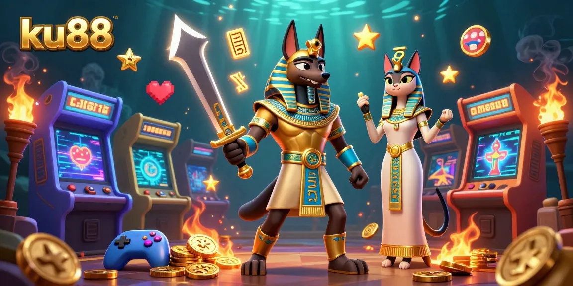 Engage with ku88's dynamic casino scene featuring Anubis, Bastet, and arcade gaming elements.