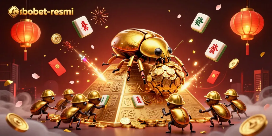Experience sbobet-resmi with a captivating 3D illustration of a golden beetle navigating a coin-laden pyramid.
