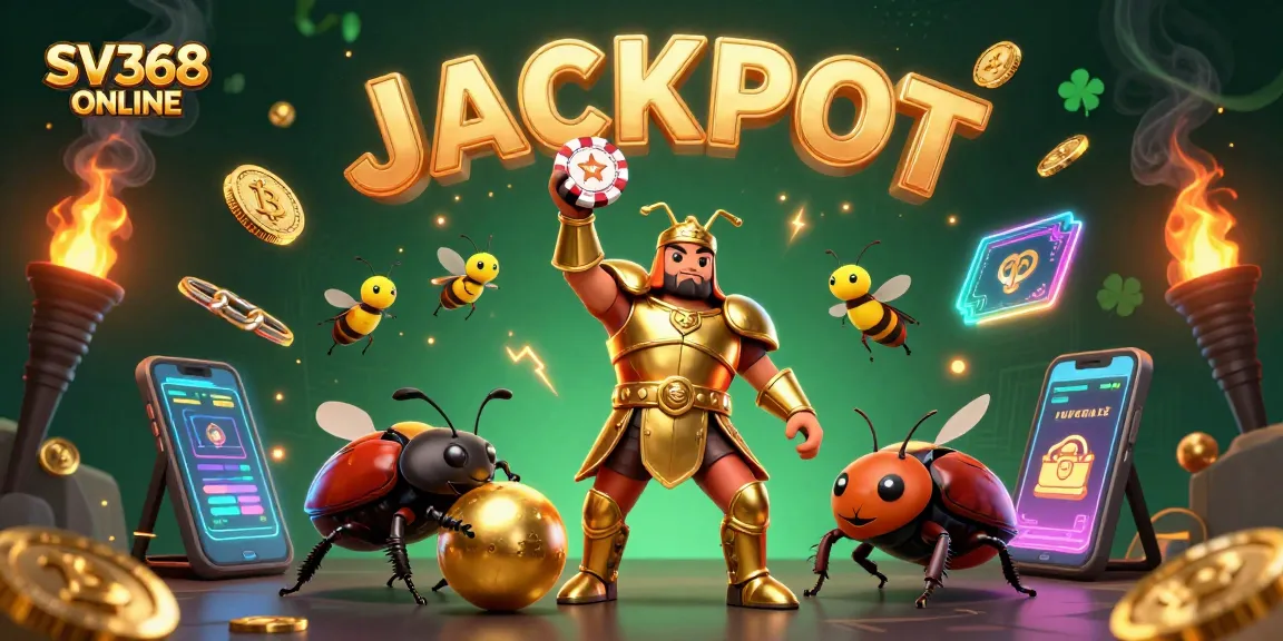 Engage in thrilling wins at SV368 ONLINE as a victorious beetle lifts a poker chip amidst glowing crypto elements.