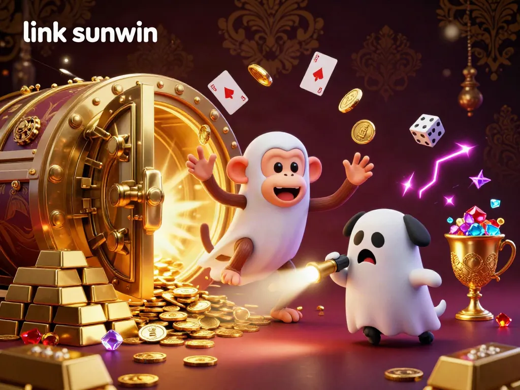 Experience the thrill of link sunwin as a mischievous monkey juggles golden treasures in a haunted casino.