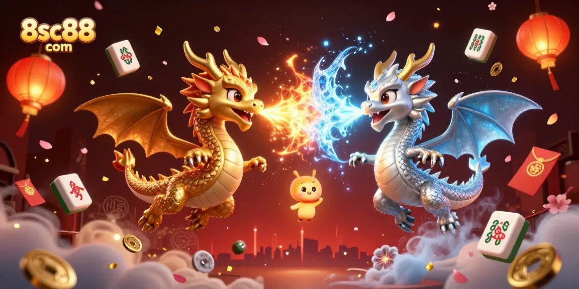 Engage in exciting gaming at 8sc88 com with dynamic golden and silver dragons amidst gambler's delights.