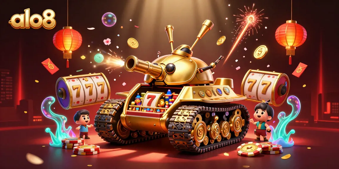 Experience the thrill of playing at alo8's vibrant mini casino within a golden beetle tank, showcasing exciting slot games and festive elements.
