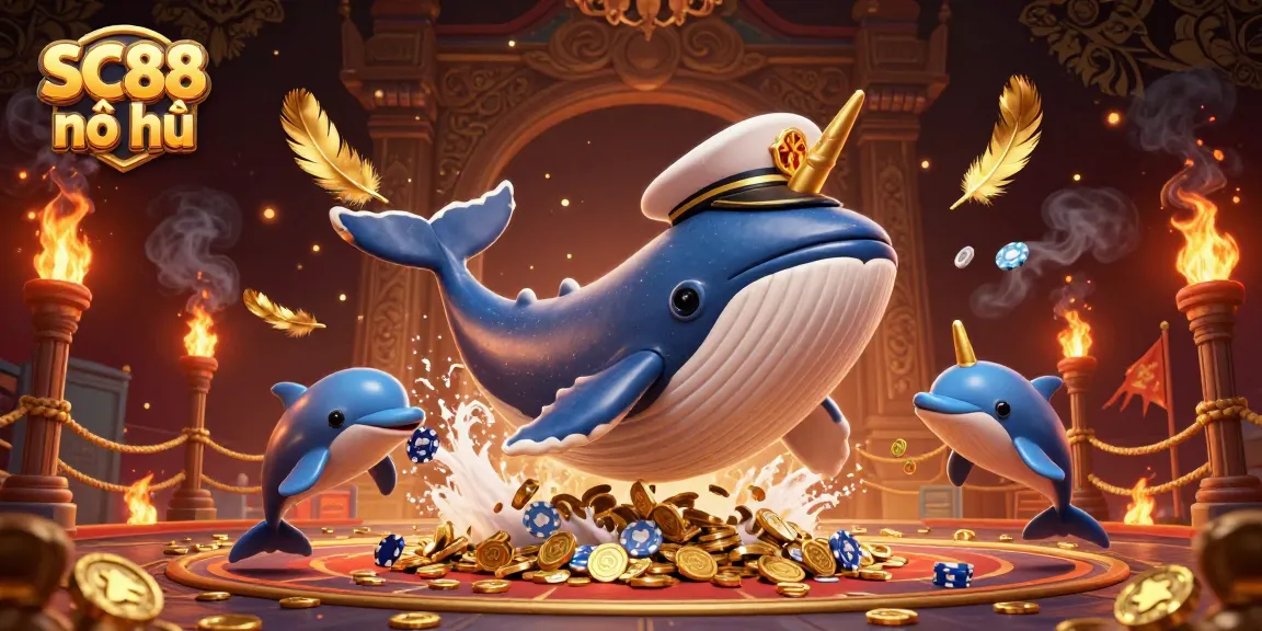 Experience thrilling SC88 nổ hũ with a giant whale and playful dolphins surrounded by gold coins and gambling elements.