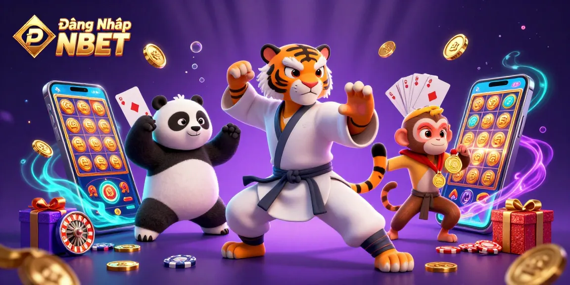 Win big with Đăng Nhập NBET - playful tiger and panda amid animated casino elements.