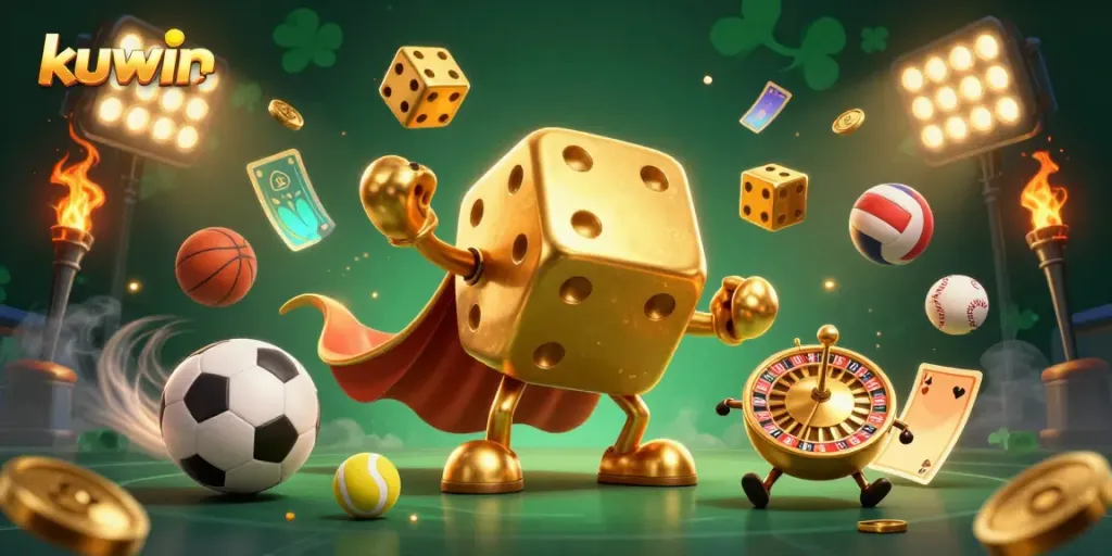 Kuwin's dynamic casino scene features a golden dice golem and vibrant sports elements, showcasing thrilling betting action.