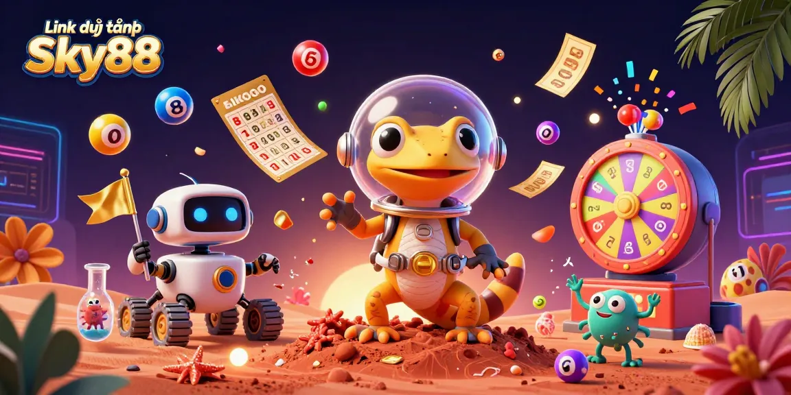 Link dự phòng Sky88 showcases a vibrant casino scene with a Martian gecko and colorful lottery elements.