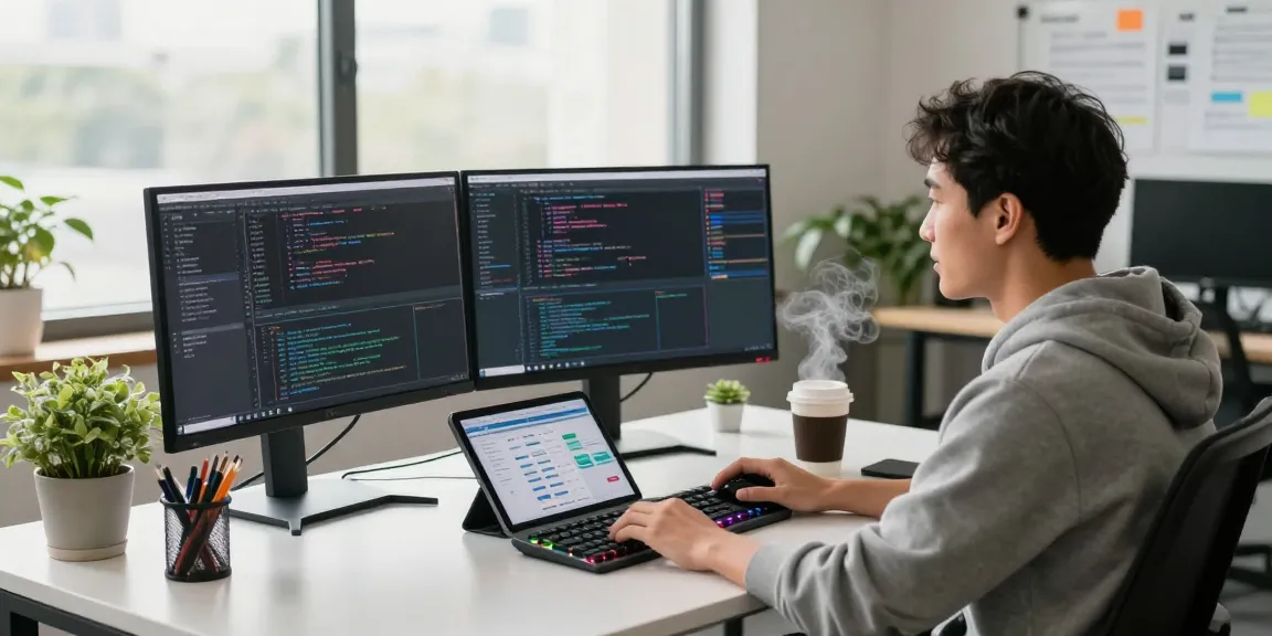 Developer at a modern workspace using telegramin-cn.com for software development, highlighting productivity and creativity.