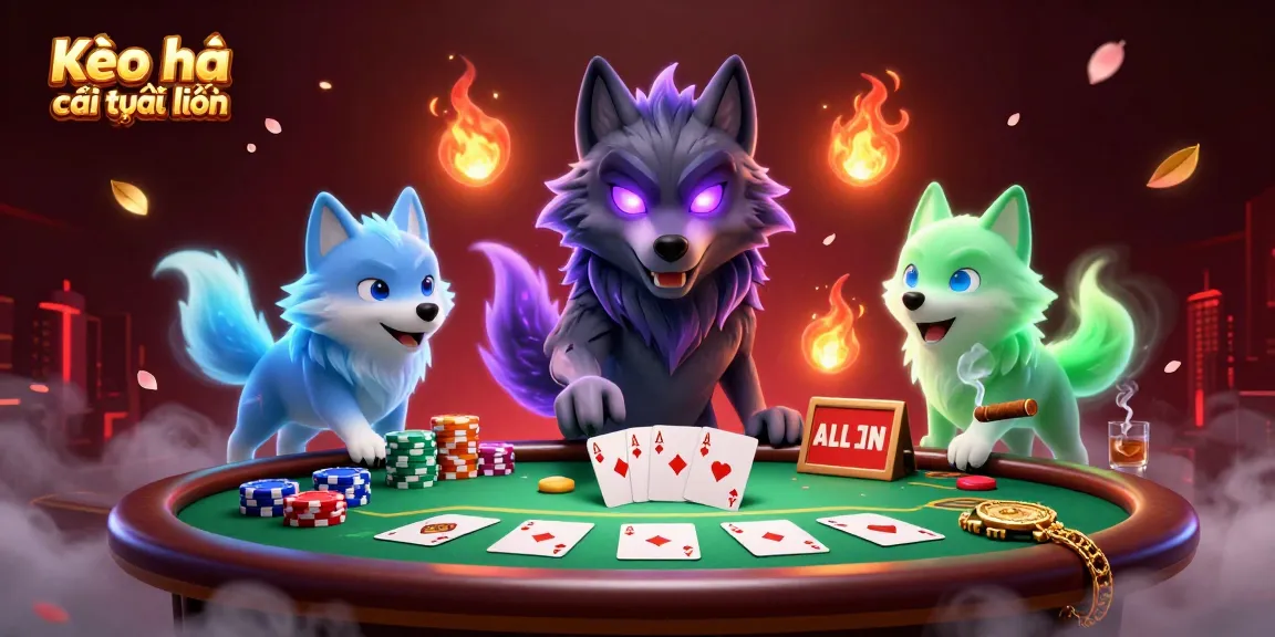Experience Kèo nhà cái trực tuyến through a vivid 3D illustration of a wolf pack leader with vibrant gambling elements.