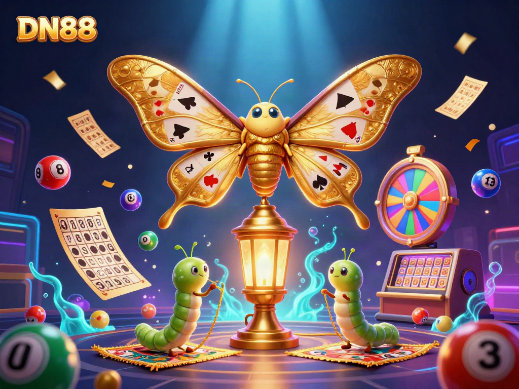 Engage in thrilling gaming at DN88 with vibrant lottery balls and a majestic moth bringing luck.