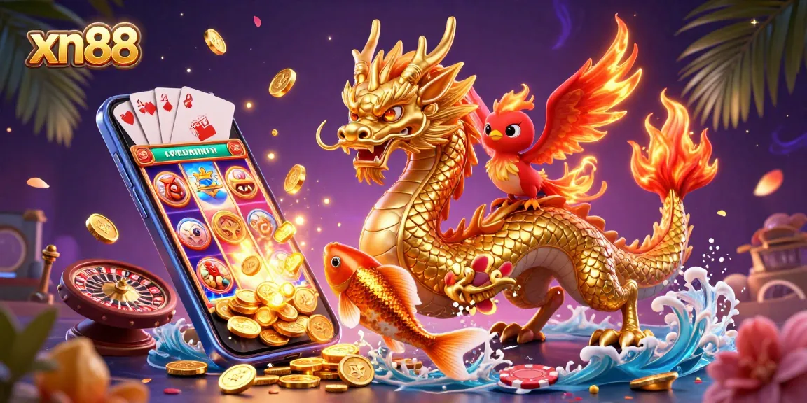 Play exciting games at xn88 with a golden dragon, phoenix, and koi fish symbolizing luck and fortune.