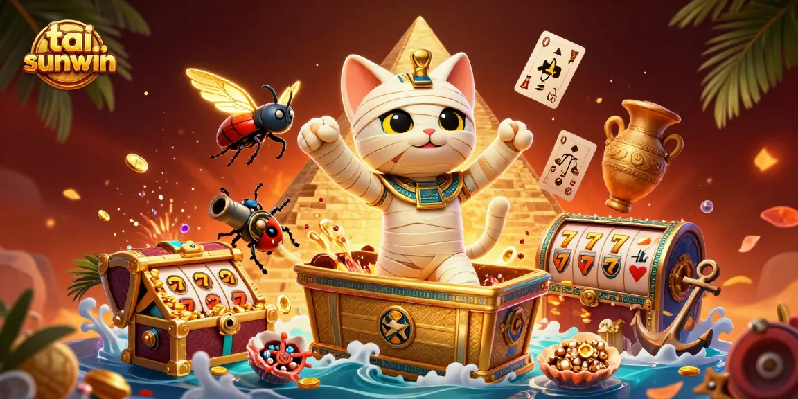 Experience excitement at tai sunwin with a cartoon mummy cat in a vibrant 3D casino illustration.