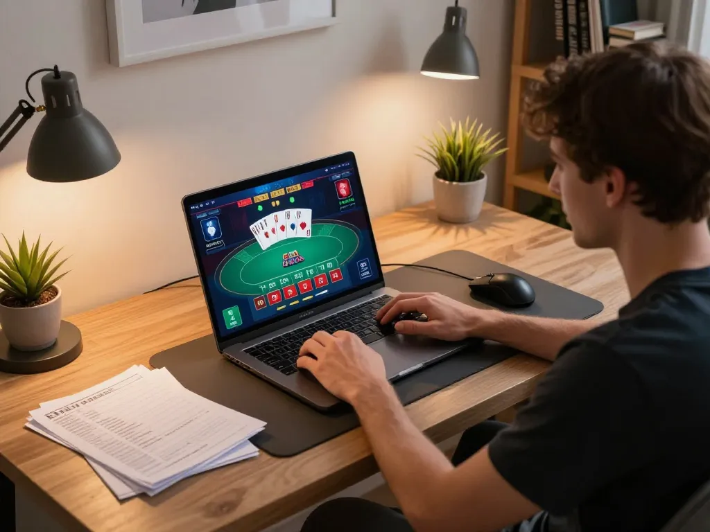 Engaging in poker gameplay on a laptop with sunwingo, showcasing strategy notes and a cozy gaming setup