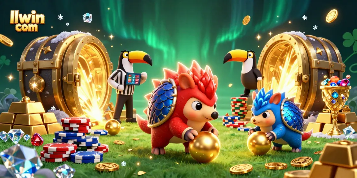 Engaging scene of pangolins competing in a colorful casino setting with llwin com branding, featuring poker chips and gold treasures.