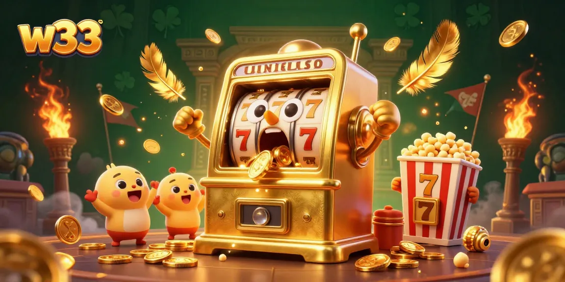 Watch the w33 slot machine hit the jackpot as coins burst forth, an exciting gambling scene.