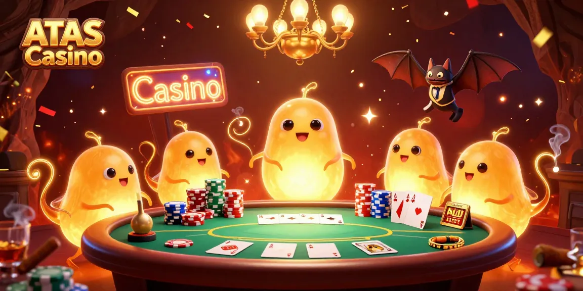 Experience the thrill of playing at ATAS Casino with a vibrant 3D scene featuring glowworms, poker elements, and a bat dealer.