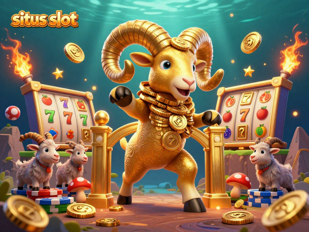 Engage with situs slot's thrilling gameplay featuring a golden ram charging amid colorful slot reels and winning symbols.