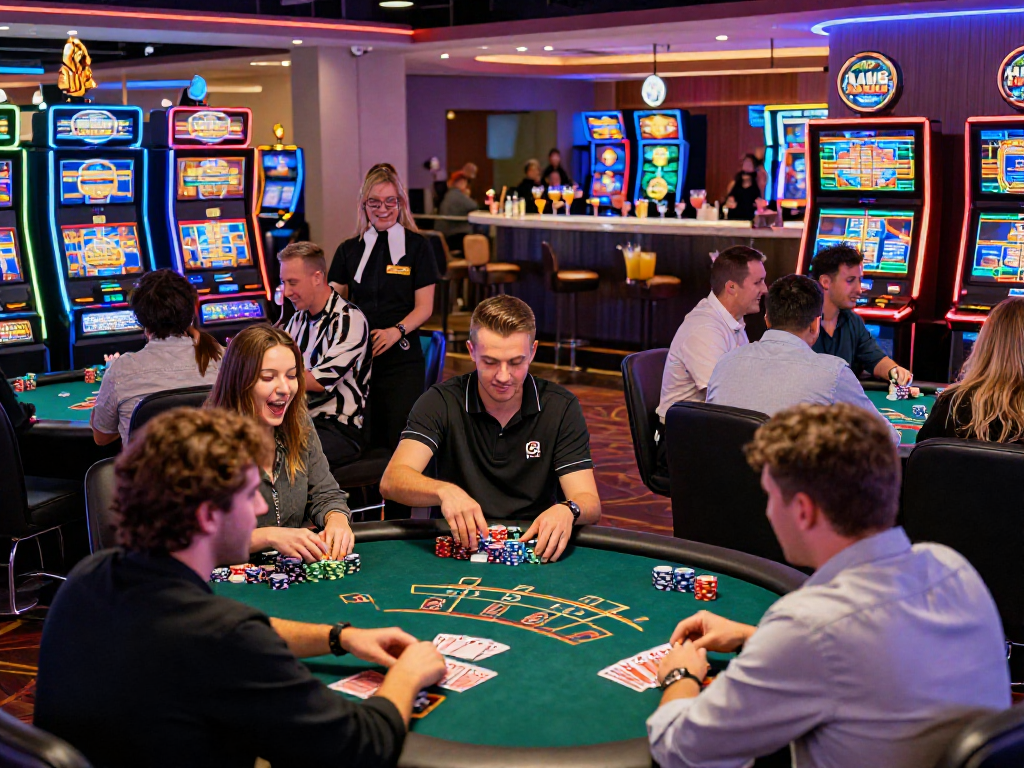Atmosfera vivace in un casino non AAMS affidabile, clienti soddisfatti al tavolo da poker e alle slot machine.