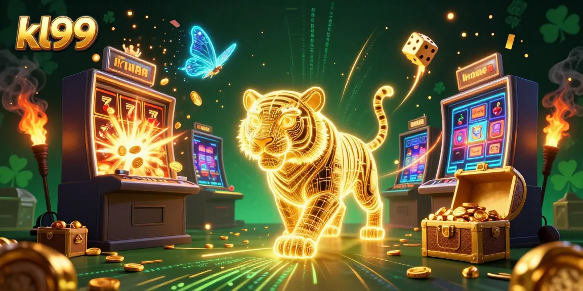 Experience the excitement of kl99 with vibrant casino elements and a mystical glowing tiger.