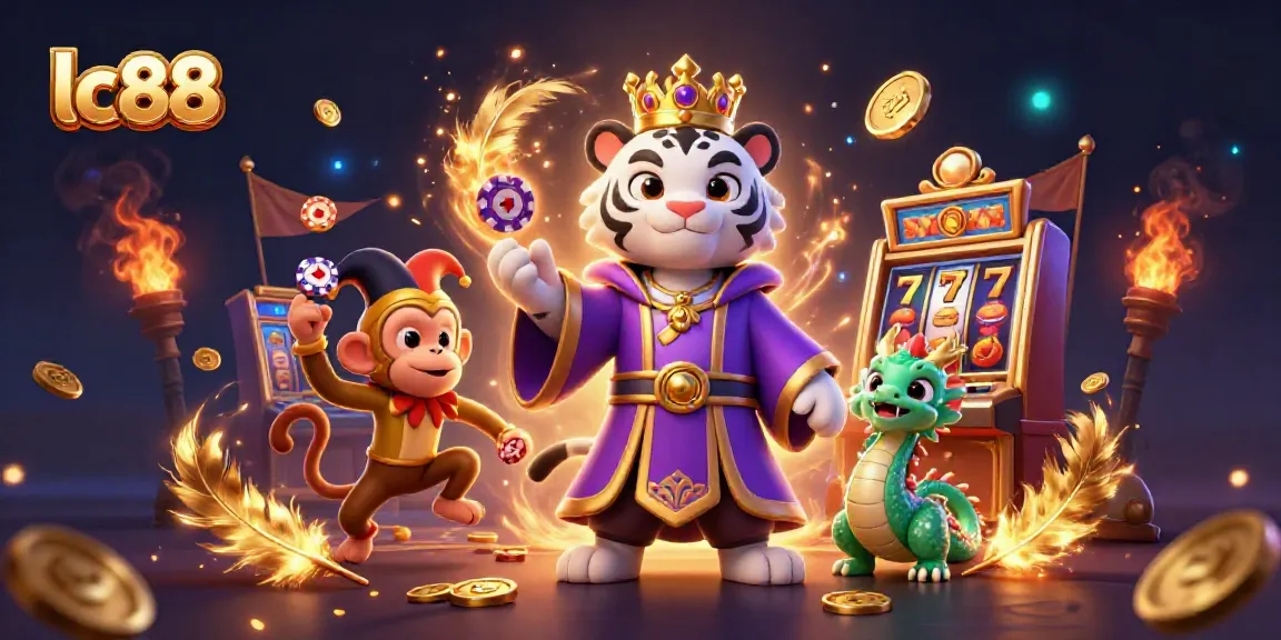 Experience high-stakes action with lc88 in this vibrant gaming scene featuring a lively slots machine and enchanting characters.