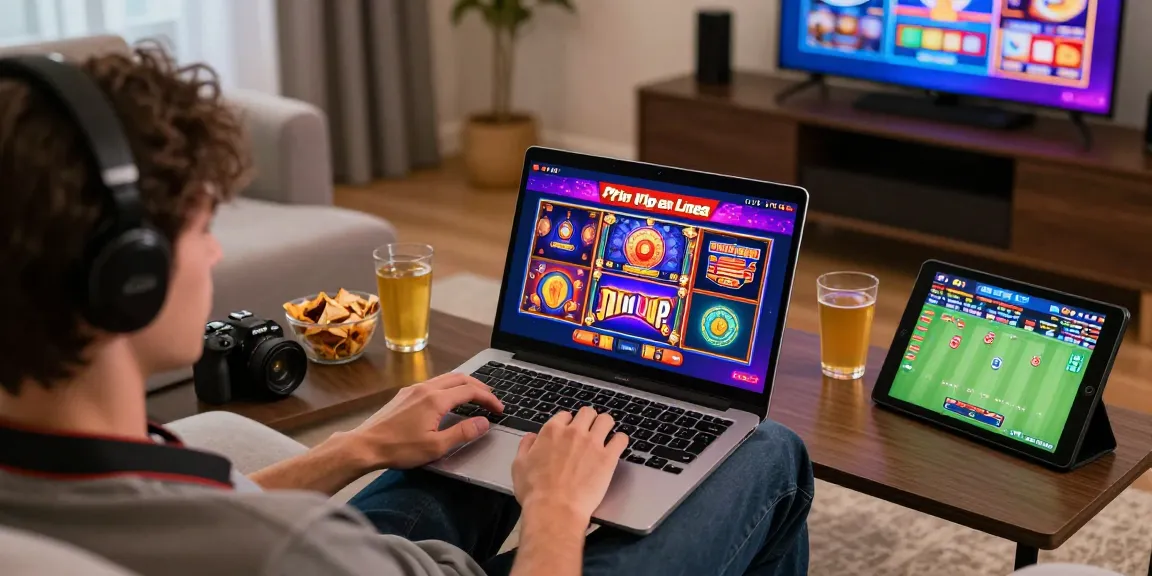 Engaging home gaming scene with Pin up en linea showcasing vibrant slot games on a laptop.