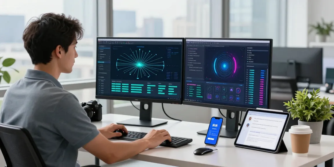 Tech expert using 快连 network acceleration software in a modern workspace, showcasing productivity and connectivity.