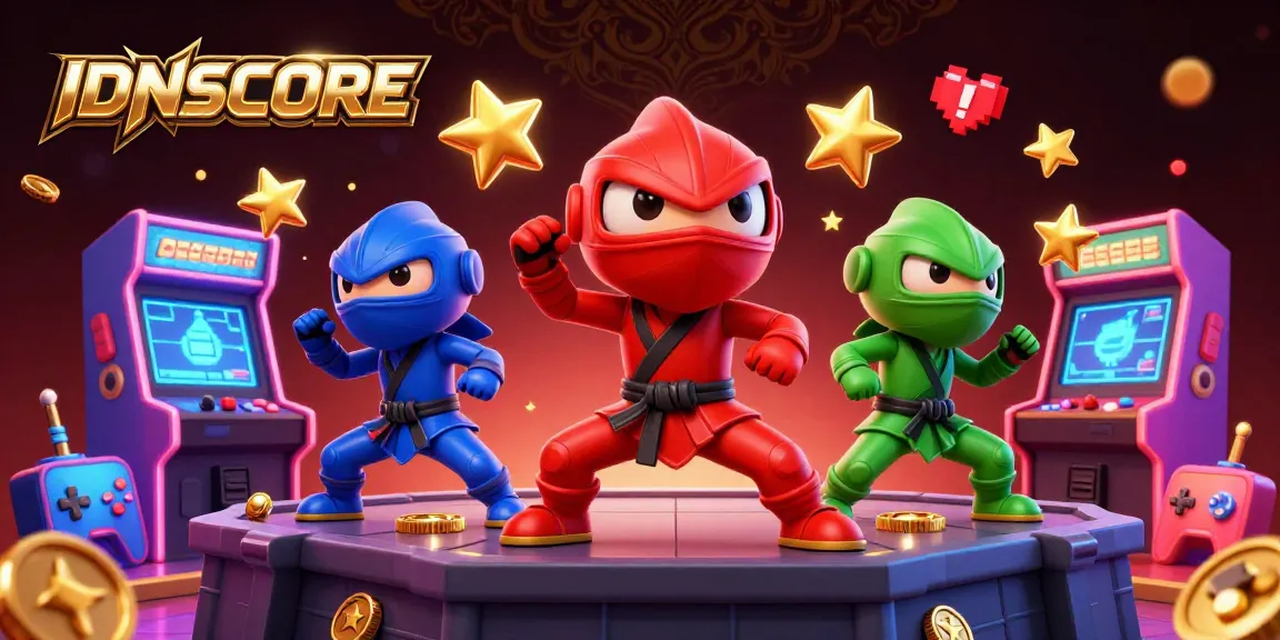 IDNSCORE's fast and secure platform showcases vibrant gaming action with colorful arcade elements.