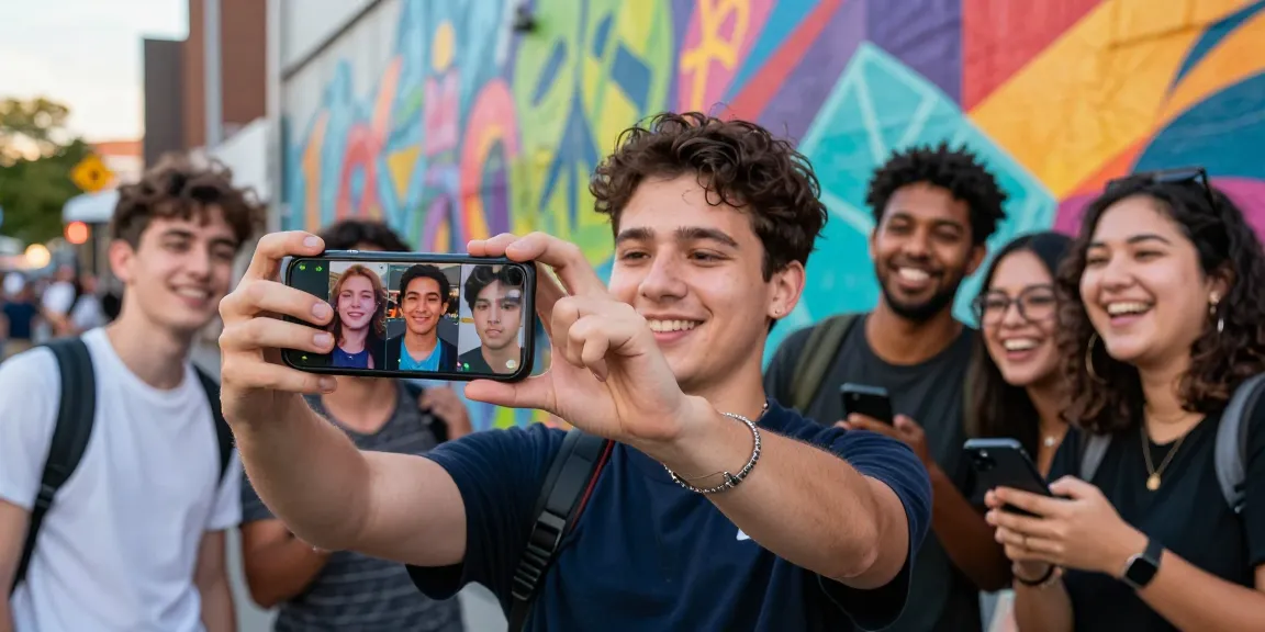 Young adult utilizing AI to find who they look like celebrities, excitedly comparing their selfie with famous faces in an urban environment.