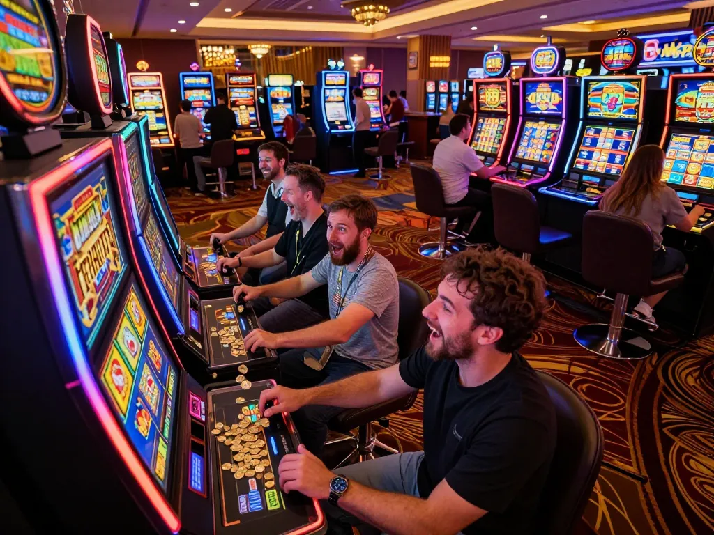 Players enjoying the thrilling excitement of slot machines at 8day casino with vibrant atmosphere and bright lights