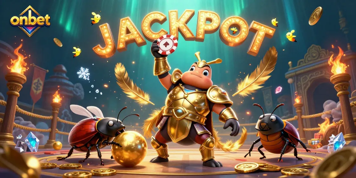 Engage with onbet's winning spirit in this colorful 3D scene featuring a victorious gladiator beetle and vibrant casino elements.