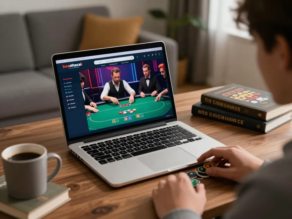 Engaged player using keonhacaii platform for strategic online poker gameplay at home