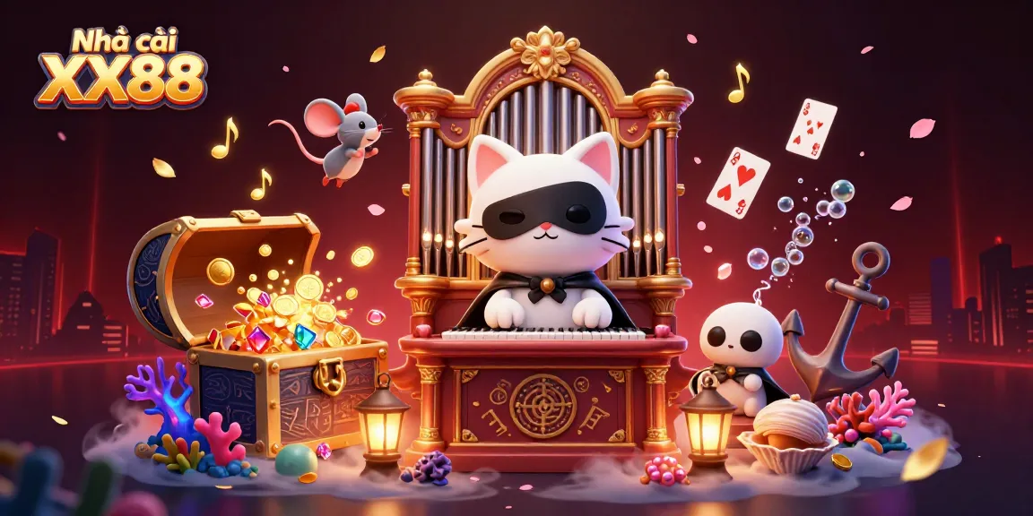 Engage with Nhà cái XX88's vibrant casino scene featuring a 3D cat and floating gems.