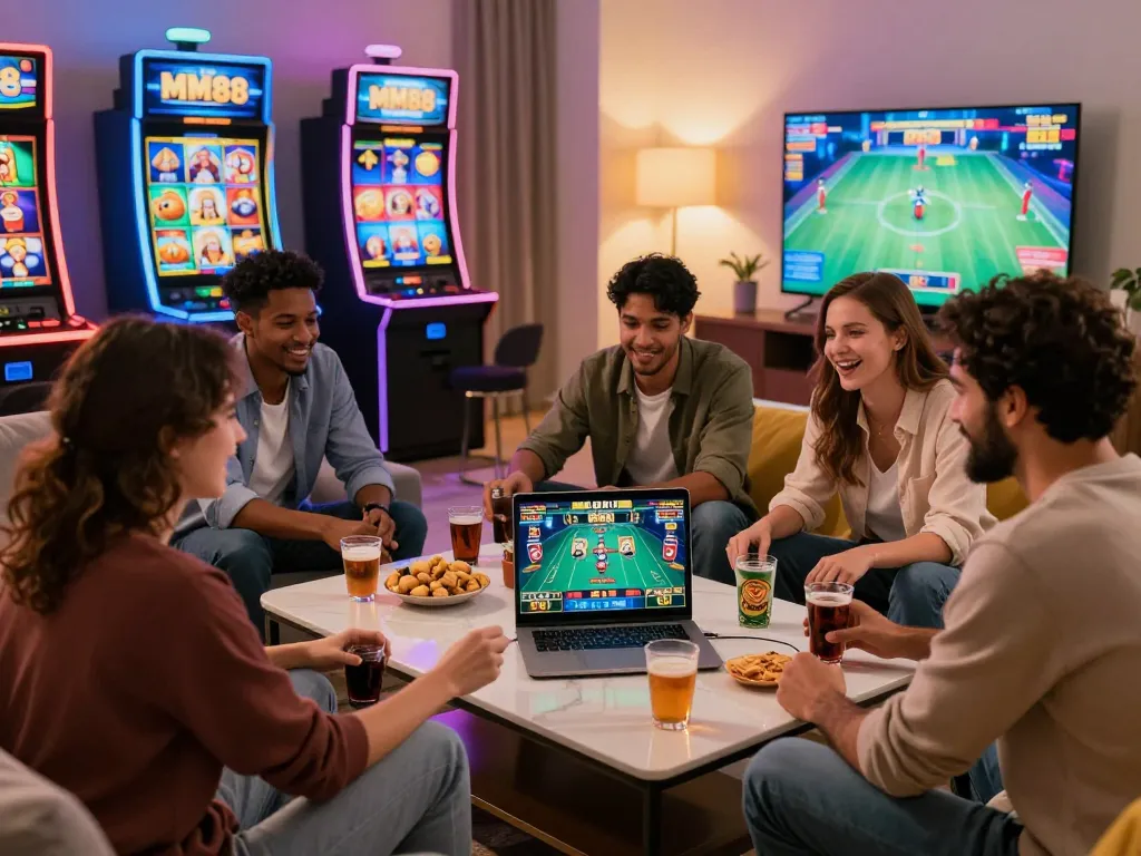 Friends enjoying an MM88 online betting game in an inviting living room.