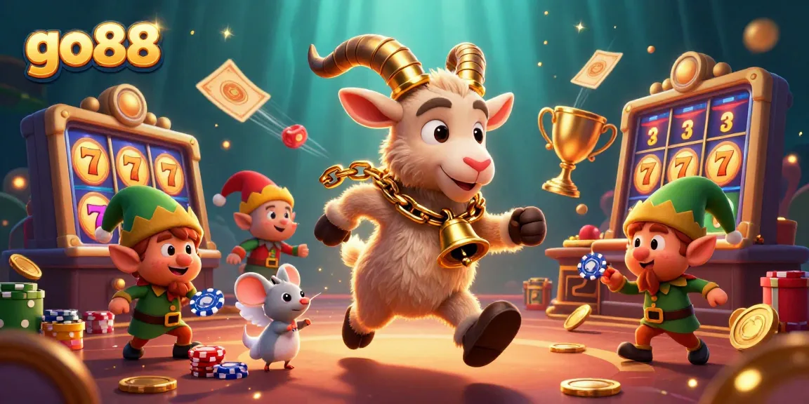 Bet on go88's thrilling slots with Krampus and mischievous elf gremlins in a vibrant casino.