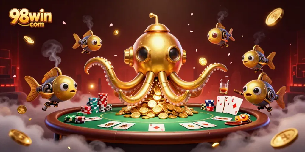 Engage with thrilling gameplay at 98win com featuring a golden kraken submarine amidst poker chips.