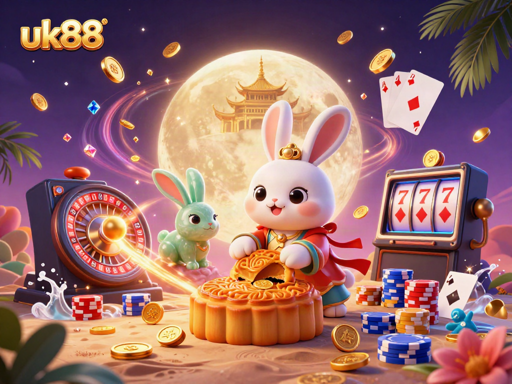 Enjoy thrilling moments at uk88 with a magical moon rabbit pounding mooncakes revealing poker chips.