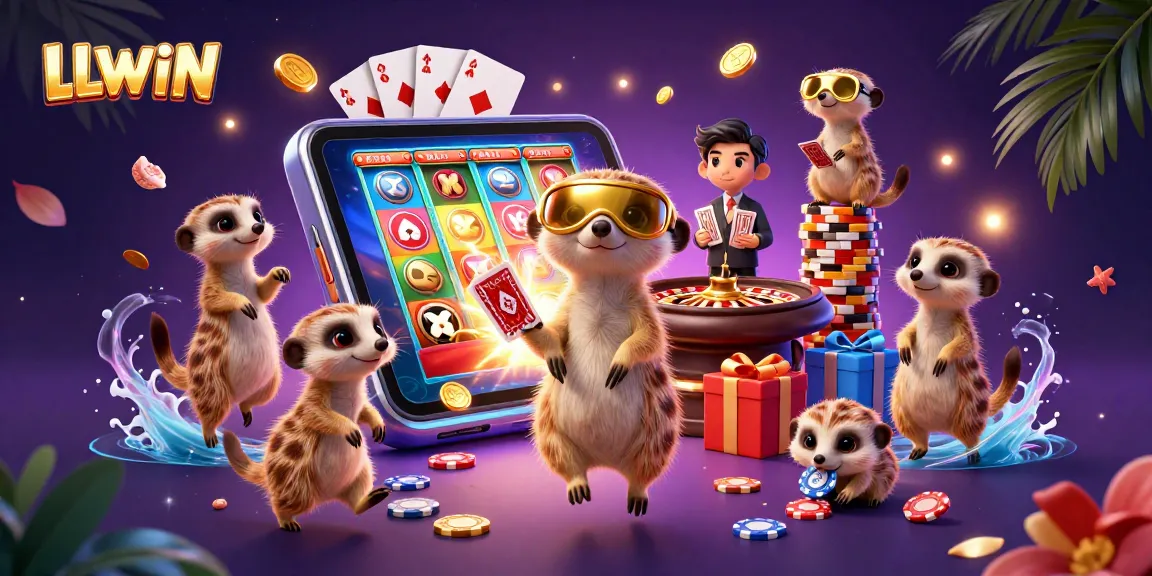 Engage with LLWIN's vibrant casino scene featuring charming meerkats managing games and showcasing dynamic gambling activities.