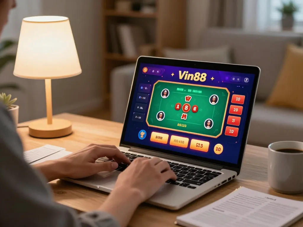 Engaging with Vin88 on a laptop, showcasing a vibrant online casino interface.