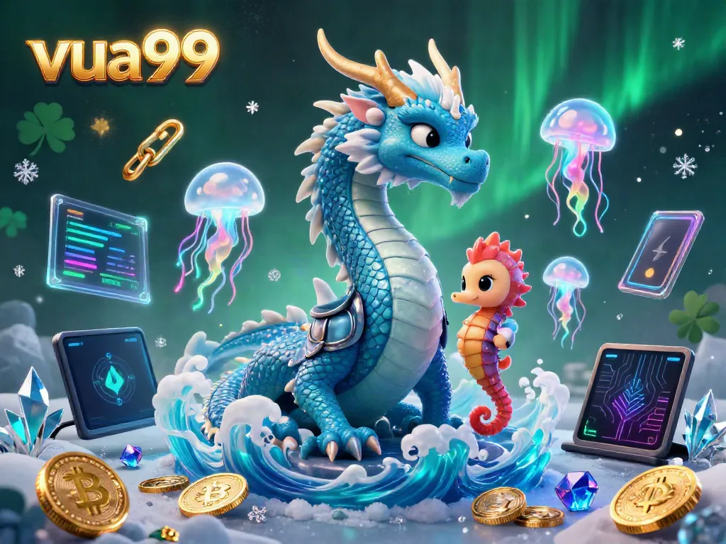 Experience the vibrant gambling world at vua99 with a stunning 3D water dragon and glowing crypto elements.