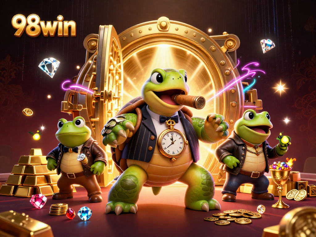 Engage in exciting gaming at 98win with a dynamic 3D casino scene featuring a turtle mobster.
