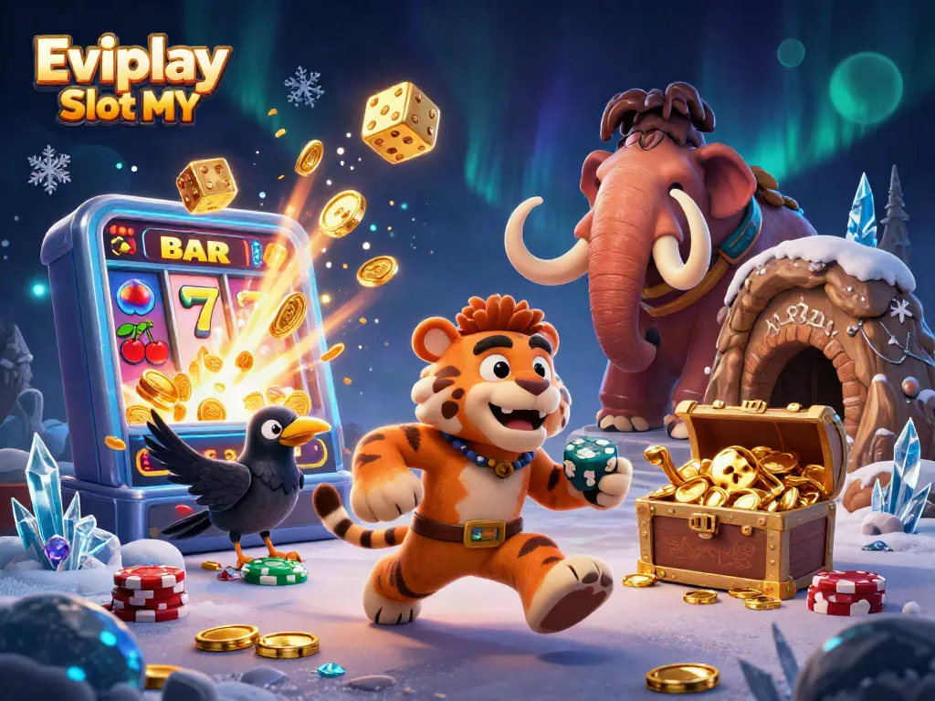 Play Evoplay Slot MY with exciting 3D cartoon characters in a vibrant casino scene full of action.
