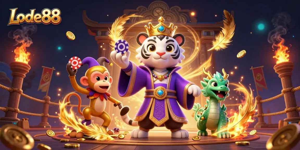 Lode88 showcases an engaging 3D scene with a royal tiger, playful monkey, and jade dragon in a vibrant casino atmosphere.