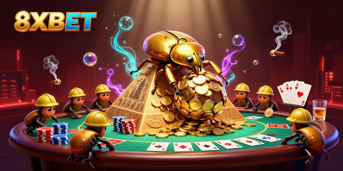 Join the fun at 8XBET with vibrant scenes of a golden beetle and exciting poker elements.
