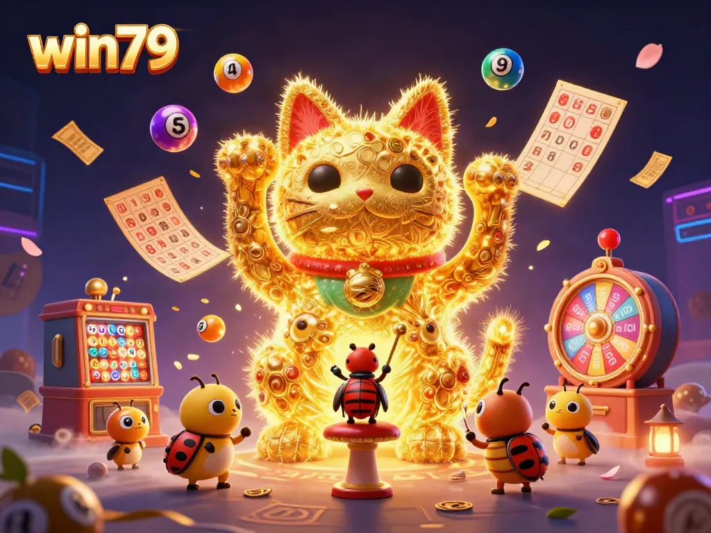 win79 captures excitement with a lucky cat and vibrant casino elements in a colorful digital scene