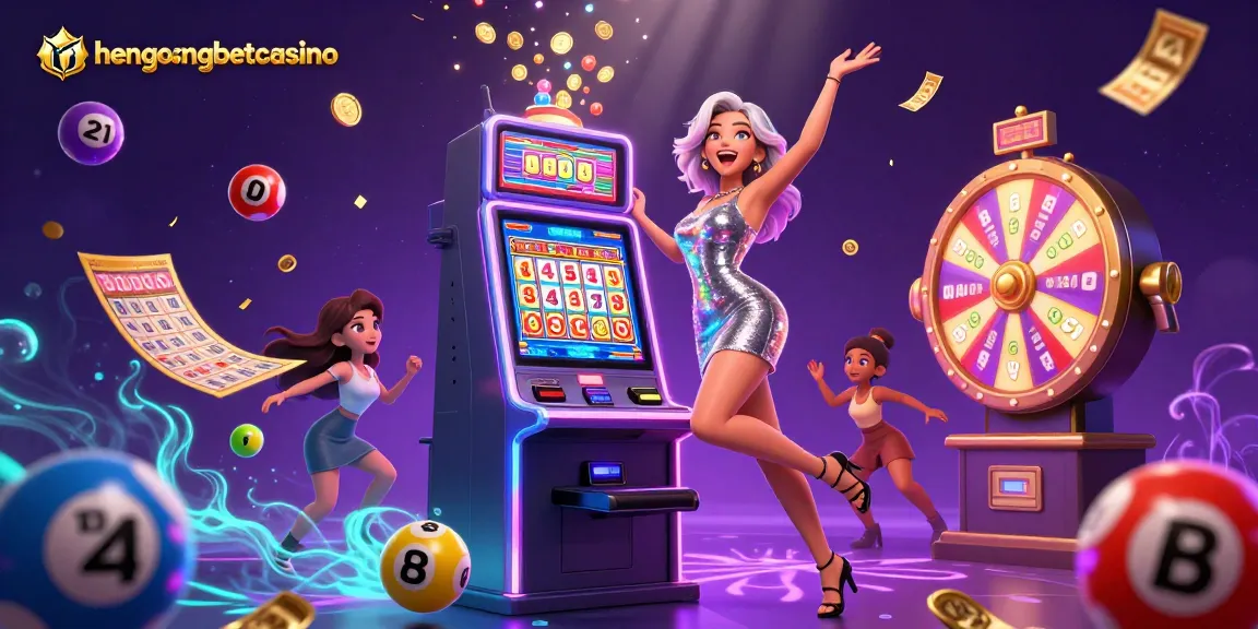Win big with hengongbetcasino while celebrating a jackpot amidst vibrant casino elements