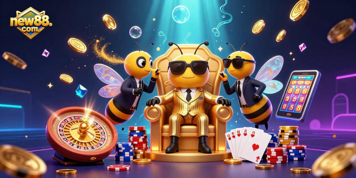 Engage with new88. com's vibrant casino atmosphere featuring a bumblebee mob boss and dazzling game elements.
